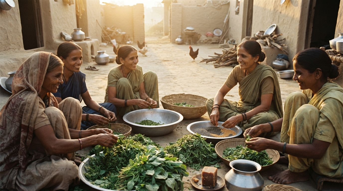 Rural women preparing iron-rich local food together in warm morning light. Representative image.
