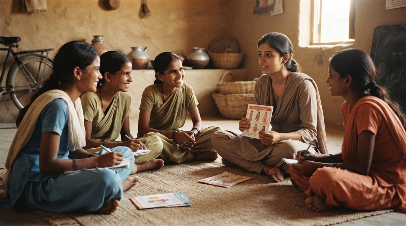 Adolescent girls and a young facilitator in a relaxed, dignified awareness session. Representative image.